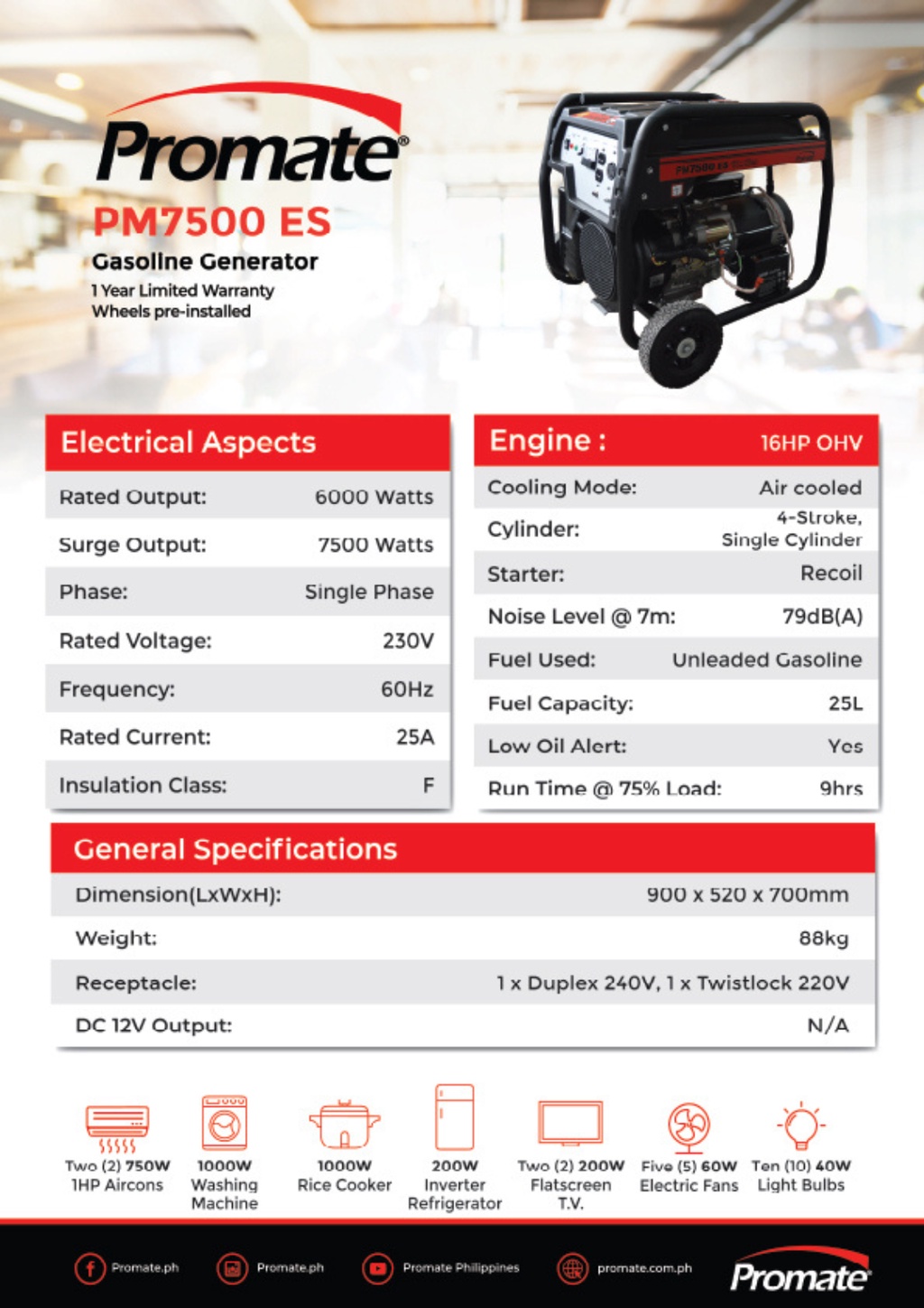 Promate PM7500 ES Gasoline Generator 7kVA | Shopee Philippines