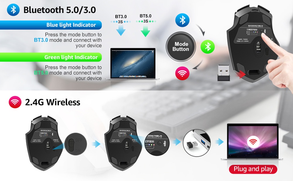 INPHIC PM-6 2.4G Wireless Mouse Rechargeable Office Mute Bluetooth ...