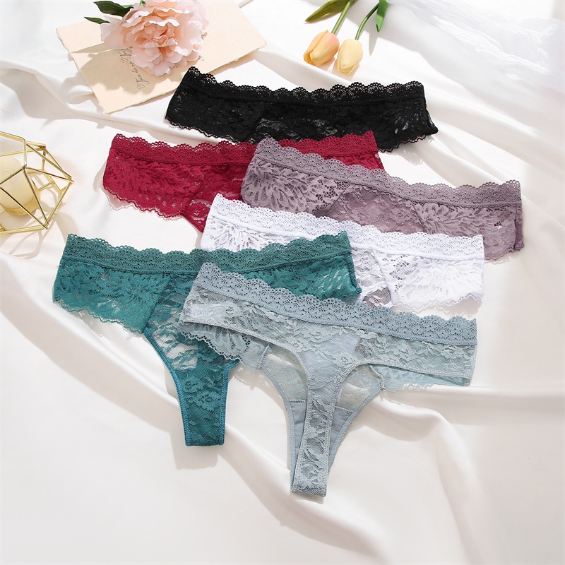 FINETOO 3Pcs/Set Women Lace Floral Low Waist T-Back Thongs Solid Color