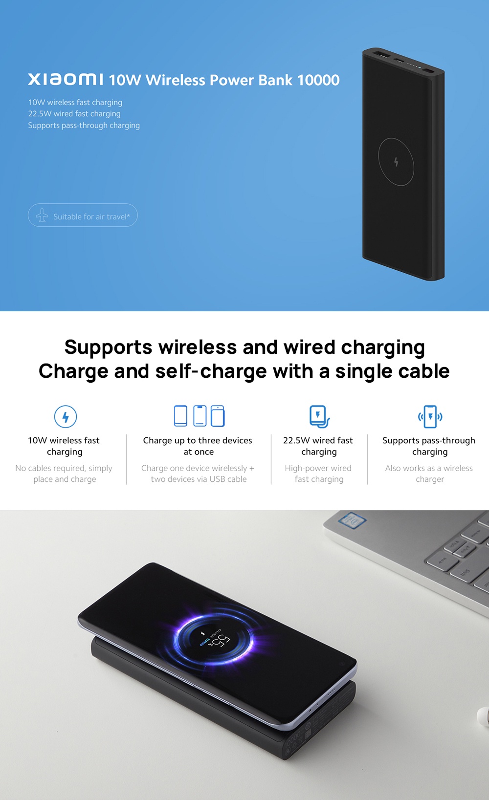 Power Bank Xiaomi 10W Wireless 10000mAh, 22.5W Wireless charging