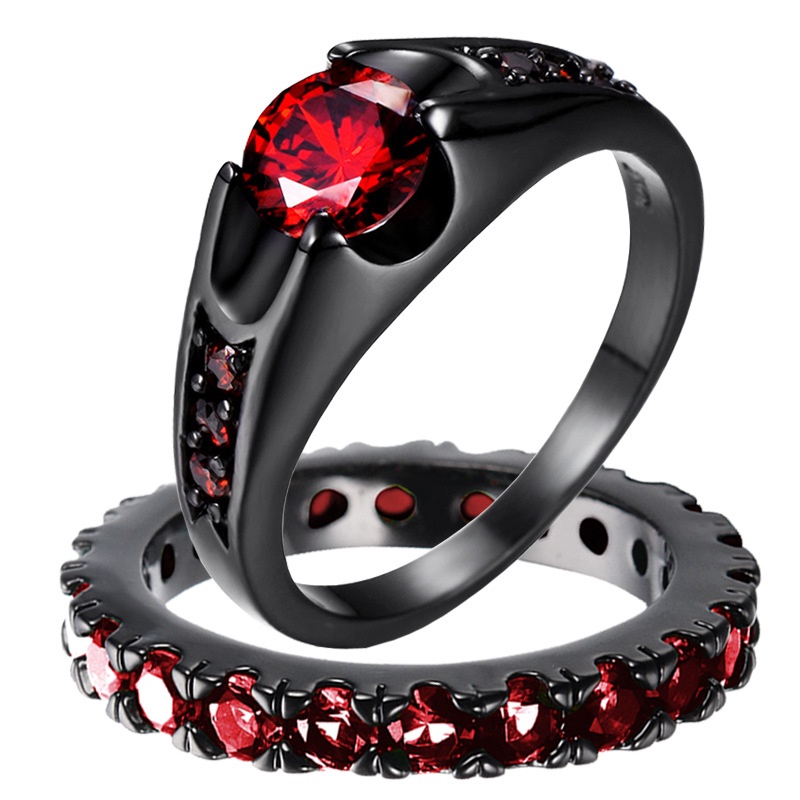 New Red Rhinestones Rings Couple Jewlery Wedding Bands Bridal Balck ...