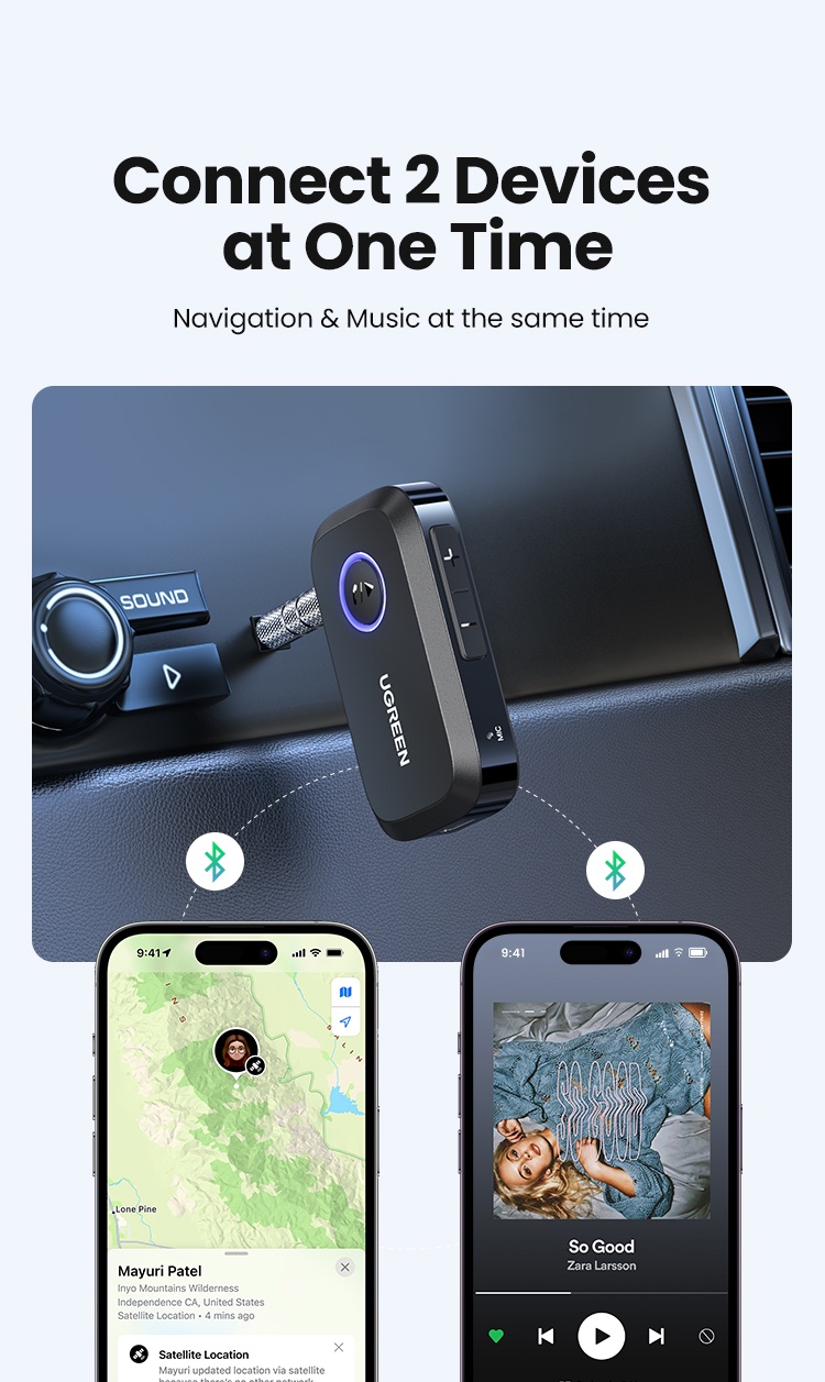UGREEN Bluetooth Car Receiver Adapter 3.5mm AUX Jacks for Car Speakers ...