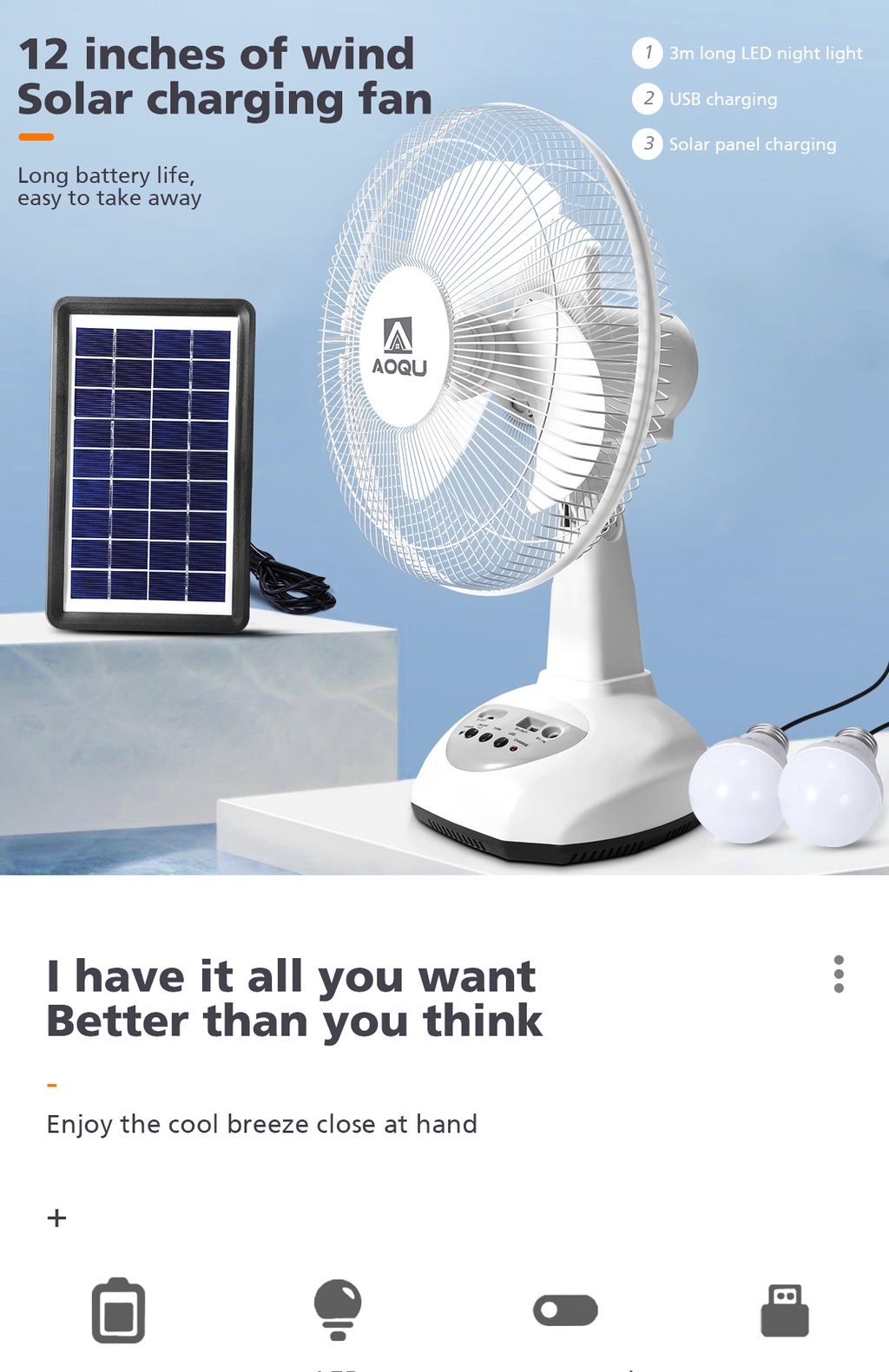 Solar electric fan 12“ 14” 16“ electric fan with solar fan and USB led ...