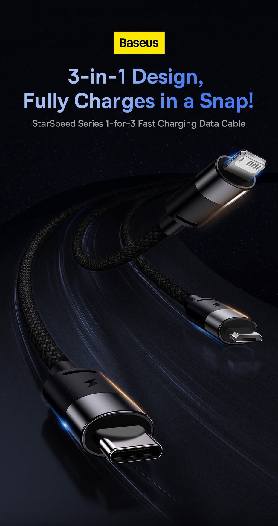 【24-Month Warranty】Baseus 3 in 1 Fast Charging Data Cable 3.5A USB C ...