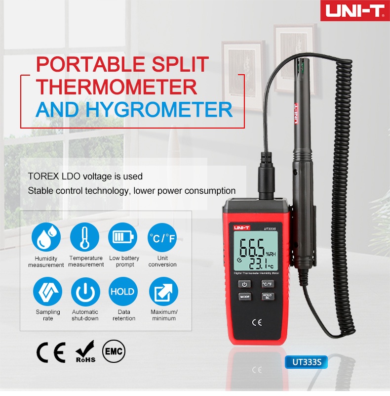 UNI-T UT333S Digital Temperature Humidity Meter Split Thermohygrometer ...
