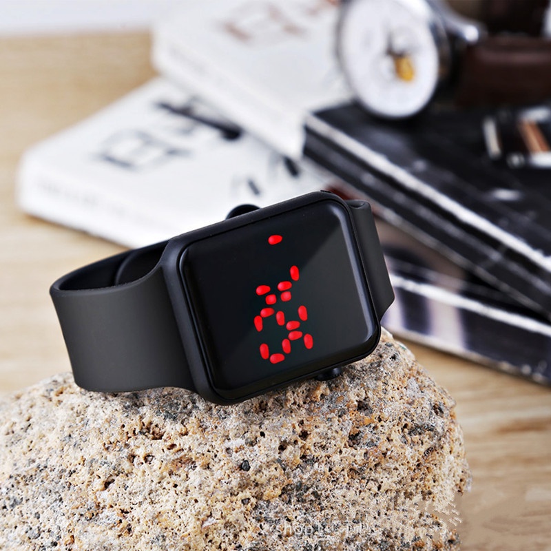 Fashion New Square Mirror Face Silicone Band Digital Watch Red LED Watches  Metal Frame WristWatch Sport Clock Hours