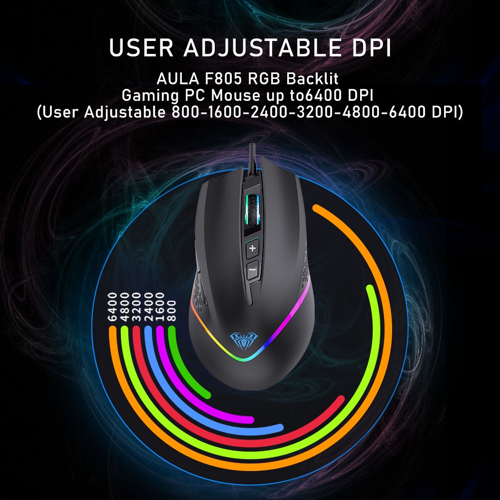 AULA F805 Gaming Mouse RGB Colorful Lighting 6 Gear DPI, 7 Programmable ...