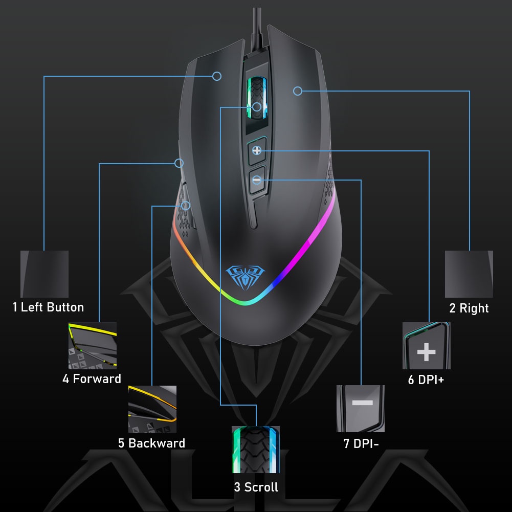 AULA F805 Gaming Mouse RGB Colorful Lighting 6 Gear DPI, 7 Programmable ...