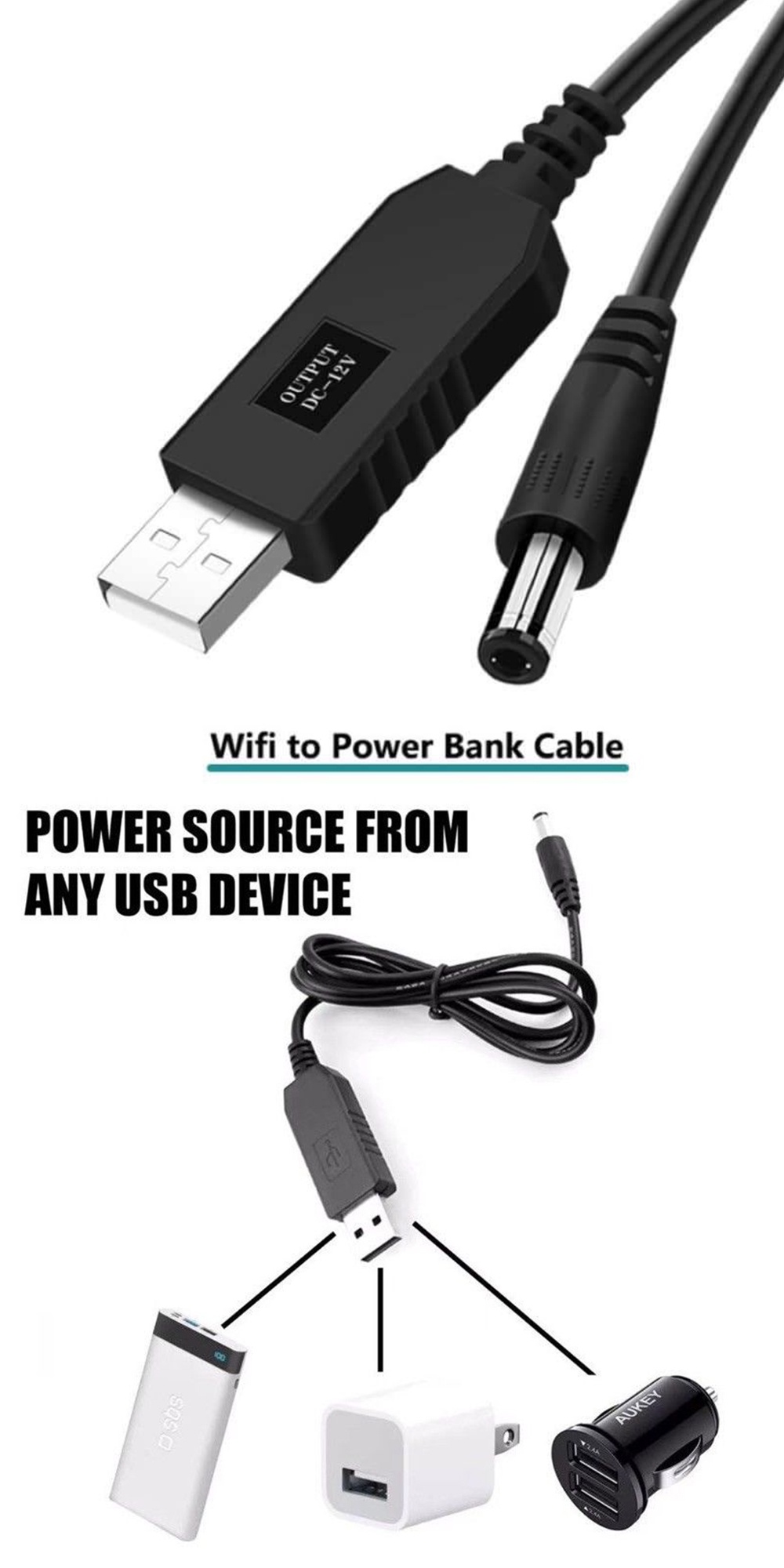 WiFi to Powerbank Cable DC 5V to 12V USB Cable Boost Converter Step-up ...