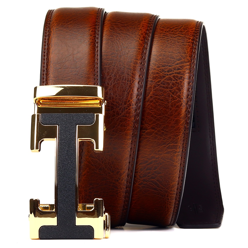 BATOORAP Mens Belts Genuine Leather Round Buckle Automatic Rotated