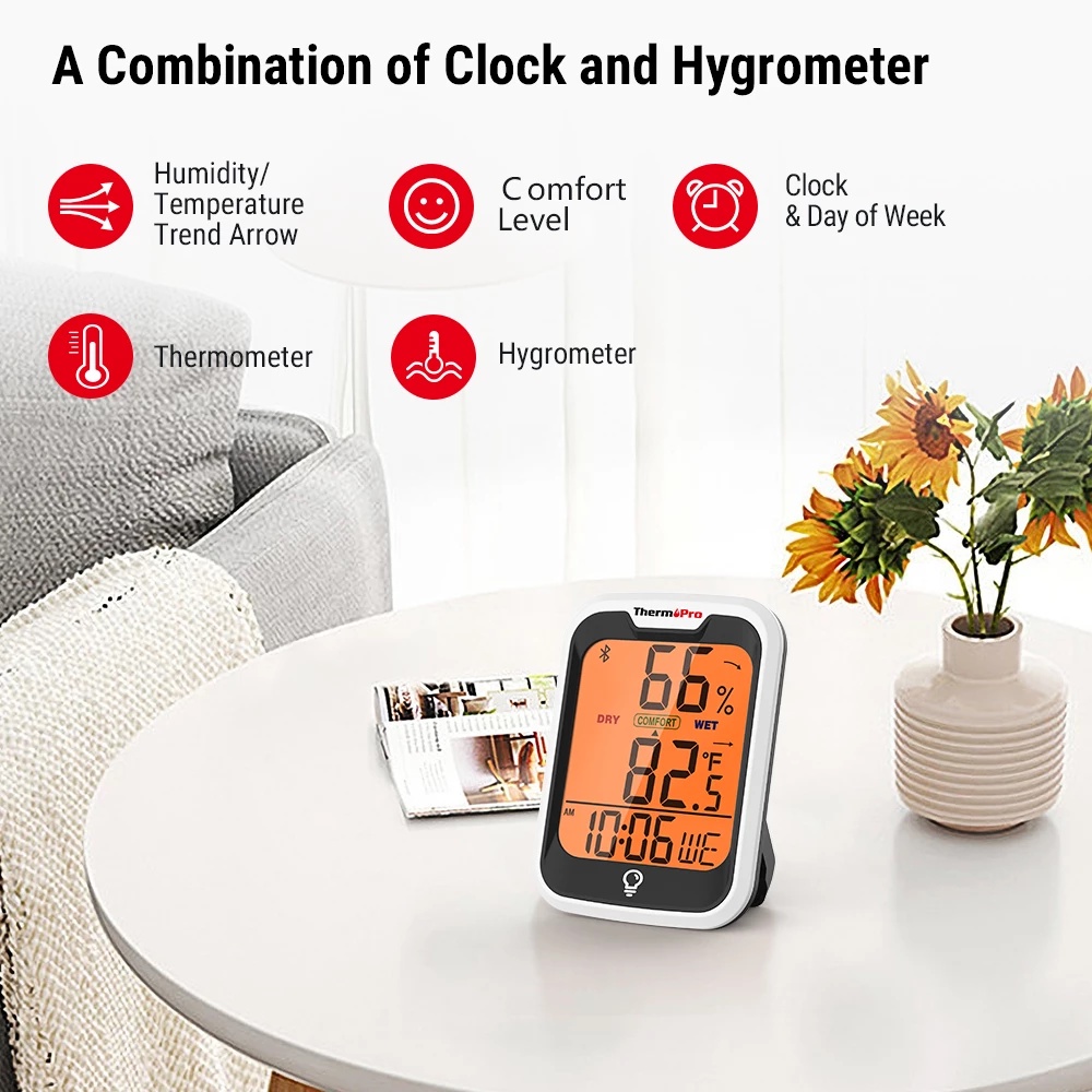 ThermoPro TP358 Hygrometer and Thermometer w/ Clock, Bluetooth 5.0