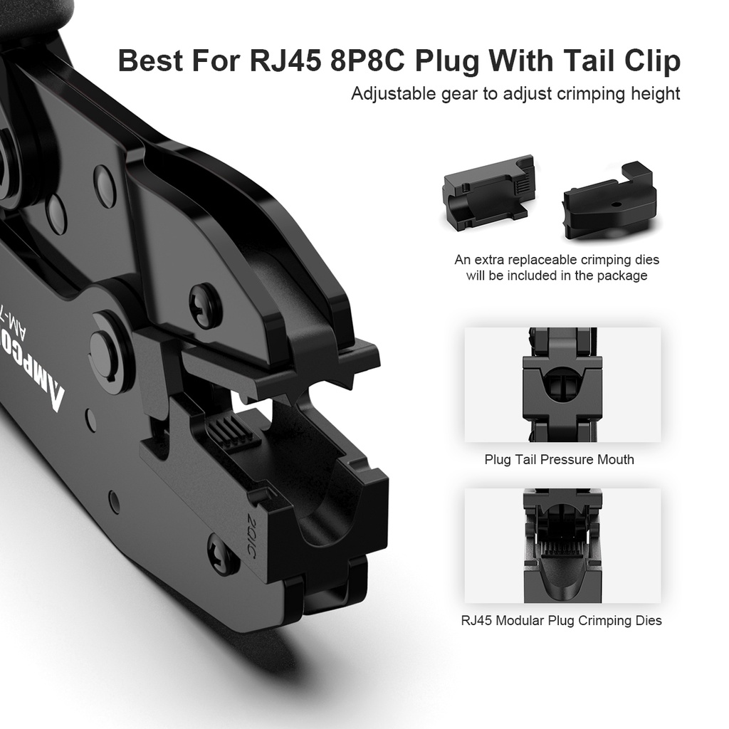 AMPCOM CAT7 Crimping tool, One-step RJ45 Ratcheting Crimper Network ...