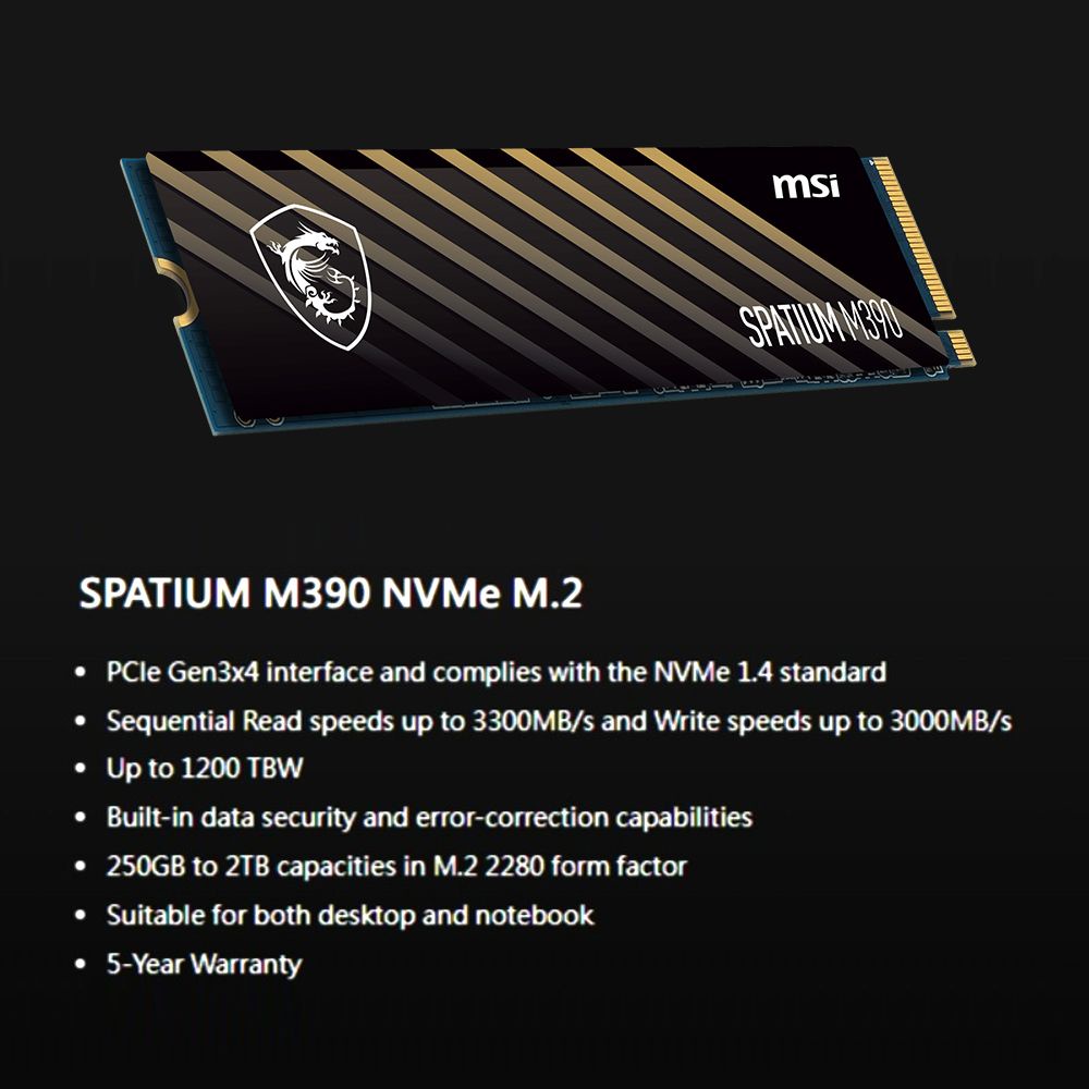 MSI SPATIUM M390 NVMe M.2 500GB Internal Gaming SSD PCIe Gen3 up to  3300MB/s 3D NAND Up to 1200 TBW