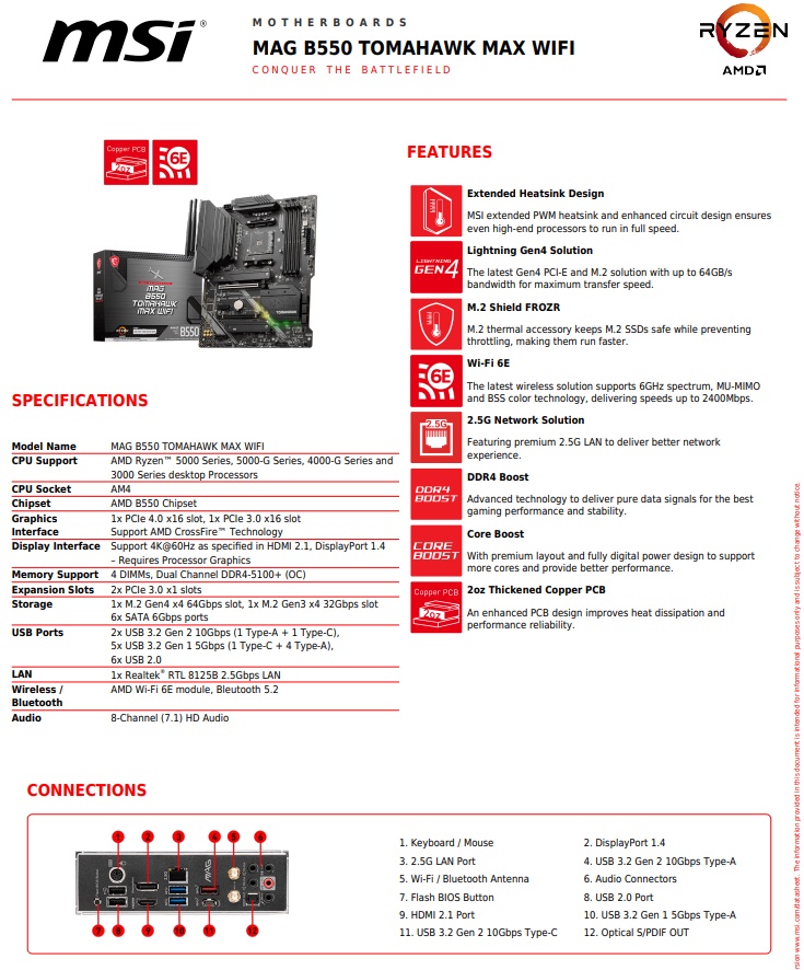 Msi Mag B550 Tomahawk Tomahawk Max Specs MSI MAG B550 TOMAHAWK AM4