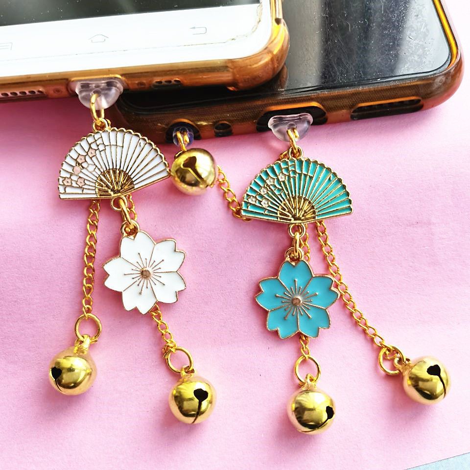 diy Mobile Phone Anti-Dust Plug Vintage Small Fan Cherry Blossom Bell ...