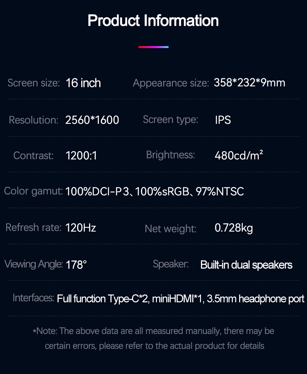 16 Inch 2.5K 120Hz Portable Monitor 2560*1600 16:10 100%sRGB 480Cd/m² ...