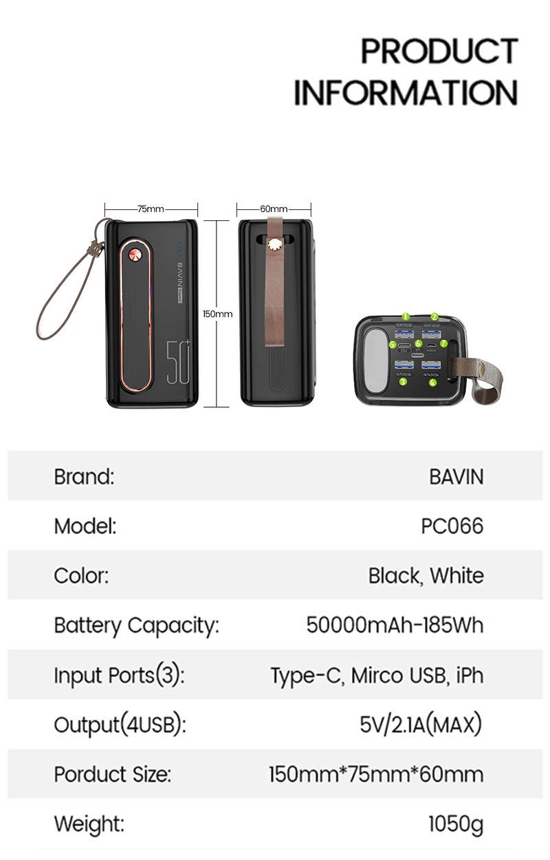 Bavin PC066 Power Bank 50000mAh Large Battery Capacity Power Bank Multiple  Input And Output w/ Built-in Flashlight Full Charge Can Last Up To1week For  Tablet Cell Phones Digi Cams And Gaming price