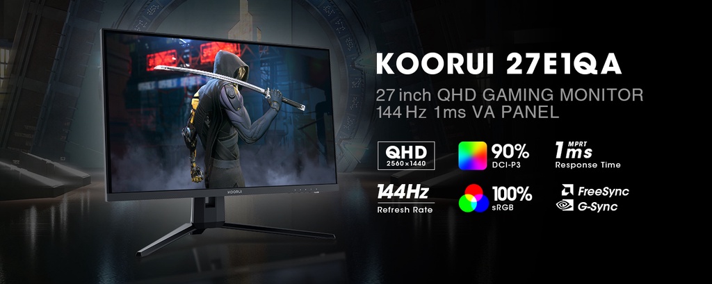  KOORUI 27 Inch Gaming Monitor 1440p, 144 Hz, VA, 1ms, DCI-P3  90% Color Gamut, Adaptive gsync, HDMI, DisplayPort, Black : Electronics