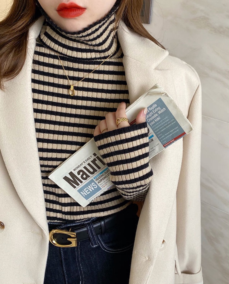 Striped Sweaters for Women Vintage Women's Sweater Knitted Turtleneck