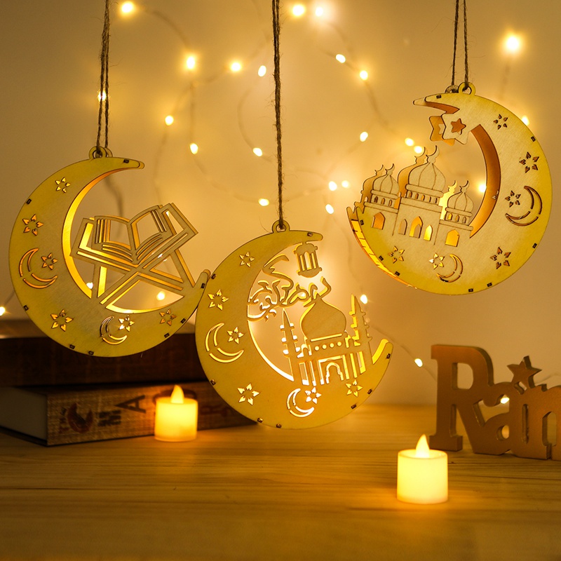 2023 Eid Mubarak Moon Star Wooden LED Pendant Lights Ramadan Hanging ...