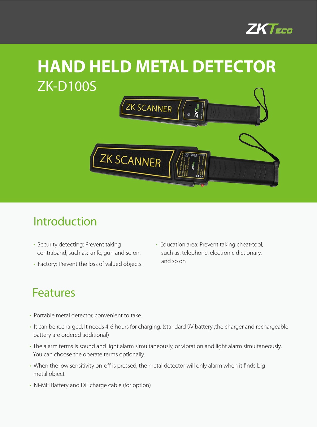 ZKTeco ZKD100S Smart Hand Held Metal Detector Security Detecting