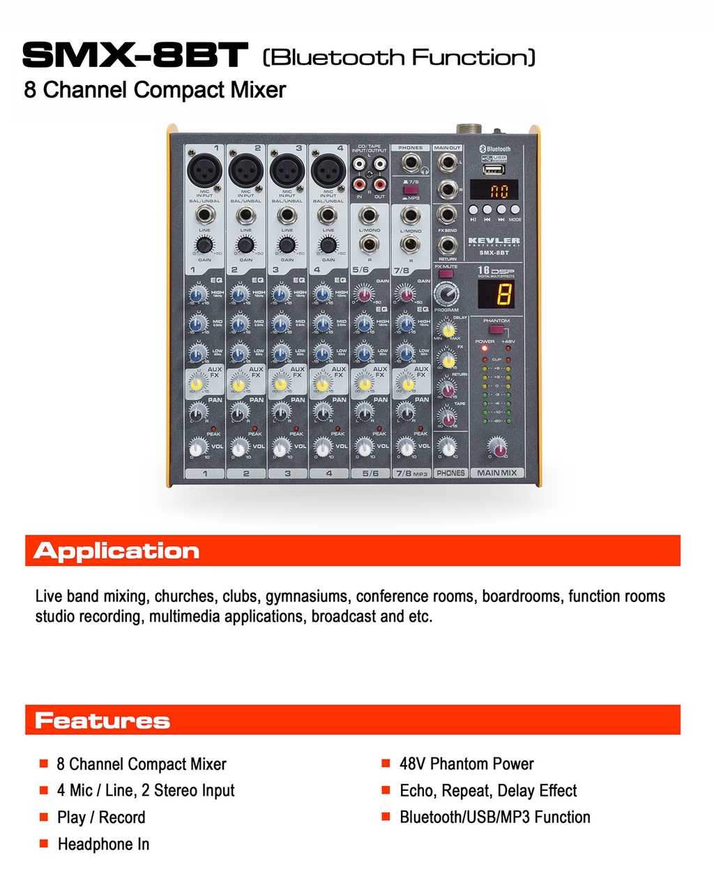 KEVLER SMX8BT 8Ch Compact Bluetooth Mixer w/USB, 4 Microphone/Line