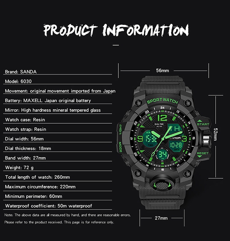 SANDA Men Military Watches black Sport Watch LED Digital 50M Waterproof ...