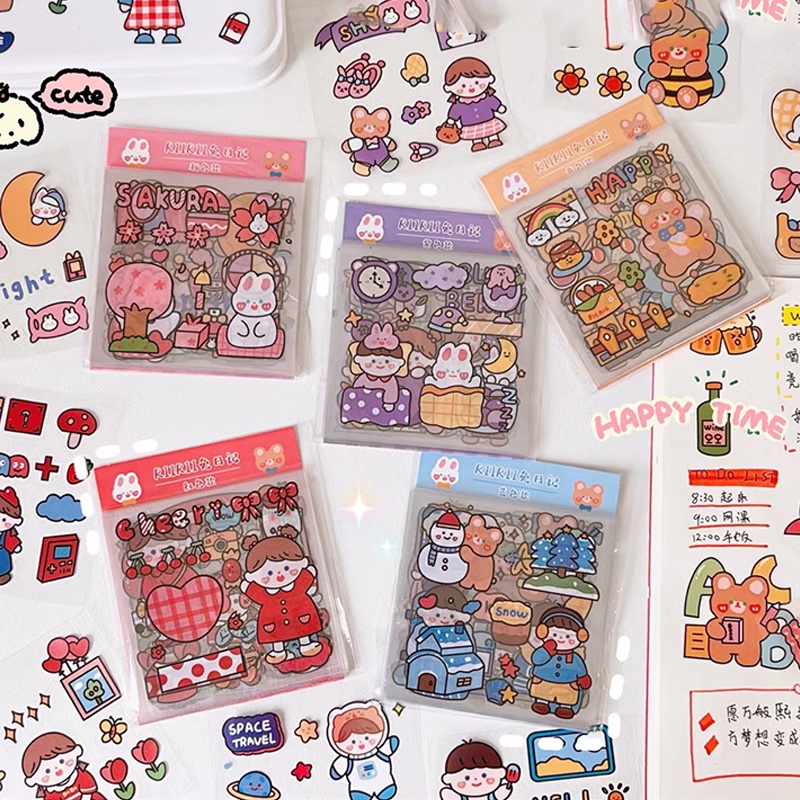20 Sheets Cartoon Transparent Waterproof PET Stickers Student Lovely ...