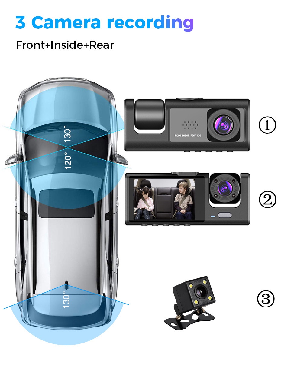 Dash Cam For Car Front And Rear Dashcam 3 Camera 1080P HD Car Recorder ...