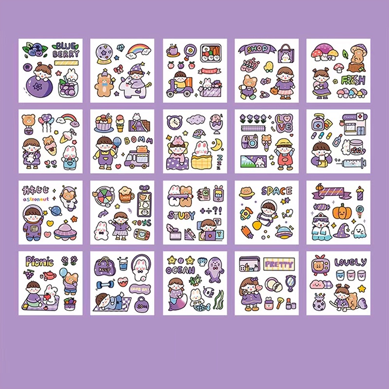 20 Sheets Cartoon Transparent Waterproof PET Stickers Student Lovely ...