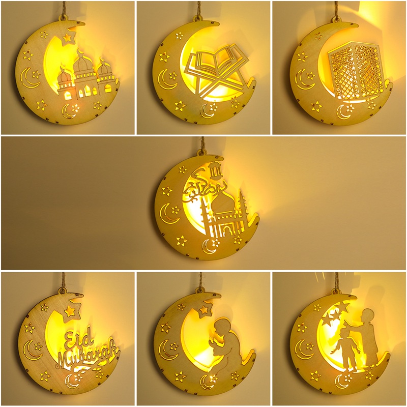 2023 Eid Mubarak Moon Star Wooden LED Pendant Lights Ramadan Hanging ...