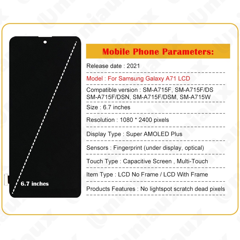 Original Super AMOLED For Samsung Galaxy A71 4G A715 A715F A715FD LCD  Display Touch Screen Digitizer Assembly Replacement Repair Part