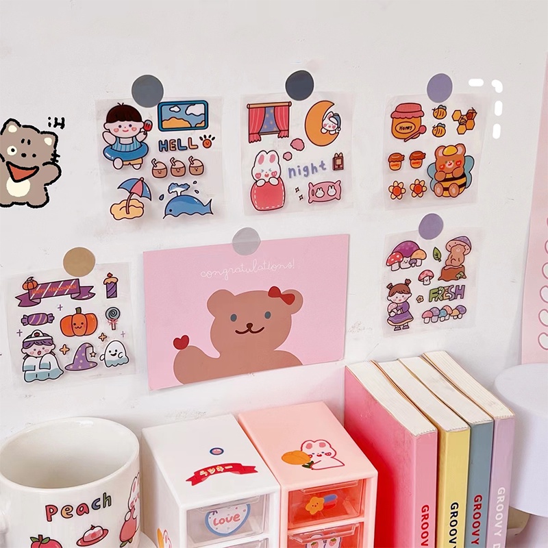 20 Sheets Cartoon Transparent Waterproof PET Stickers Student Lovely ...