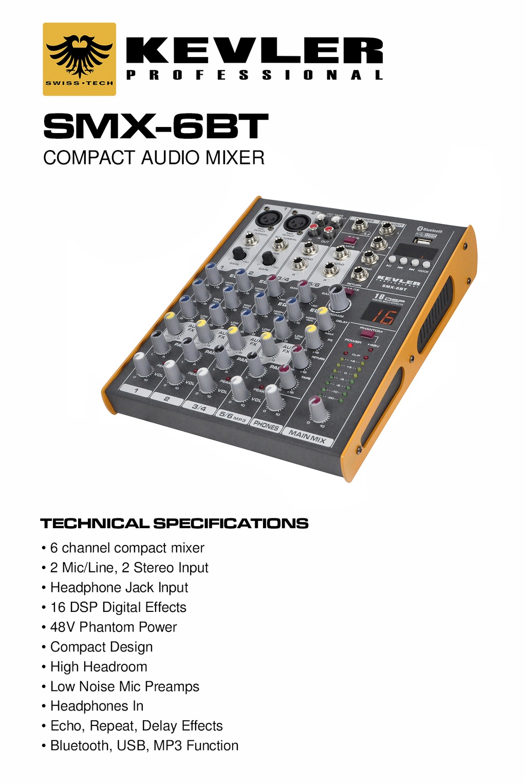 KEVLER SMX6BT 6Ch Compact Bluetooth Mixer w/USB, 2 Microphone/Line