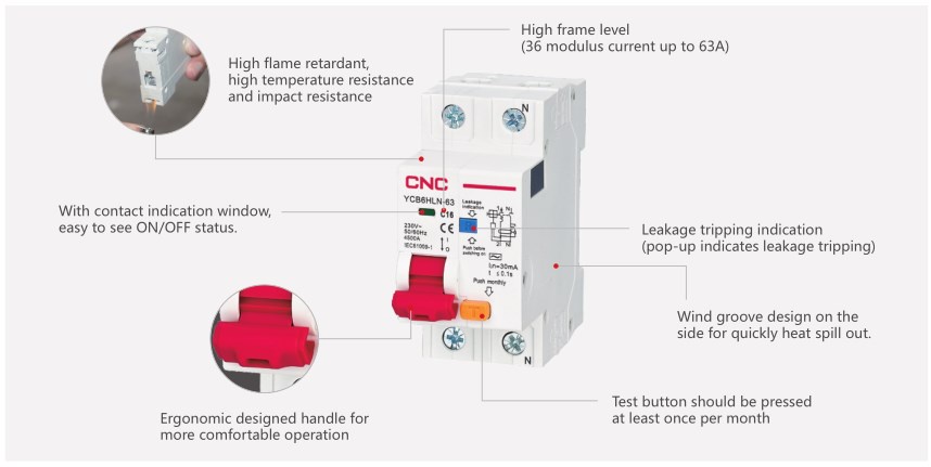 CNC 230V 50/60 HZ RCBO 6/10/16/20/25/32/40/50/63A MCB 30mA Residual ...