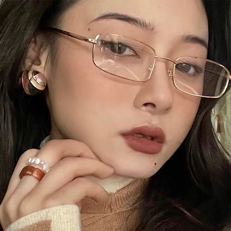 Korean Rectangle Glasses Gold Metal Frame Vintage Aesthetic Eyewear for ...