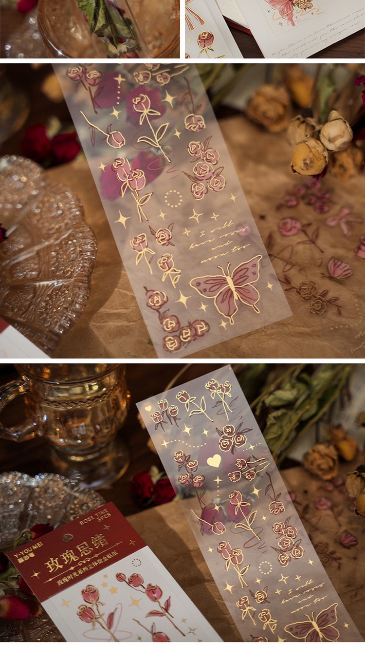 3pcs/packVintage PVC Hot stamping stickers[Rose Time Series]Botanical ...