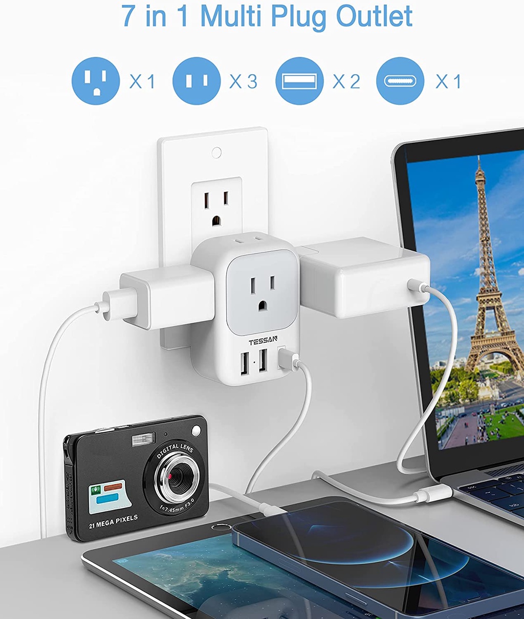 TESSAN Multi Plug Outlet Extender with USB Type C, Wall Charger for ...