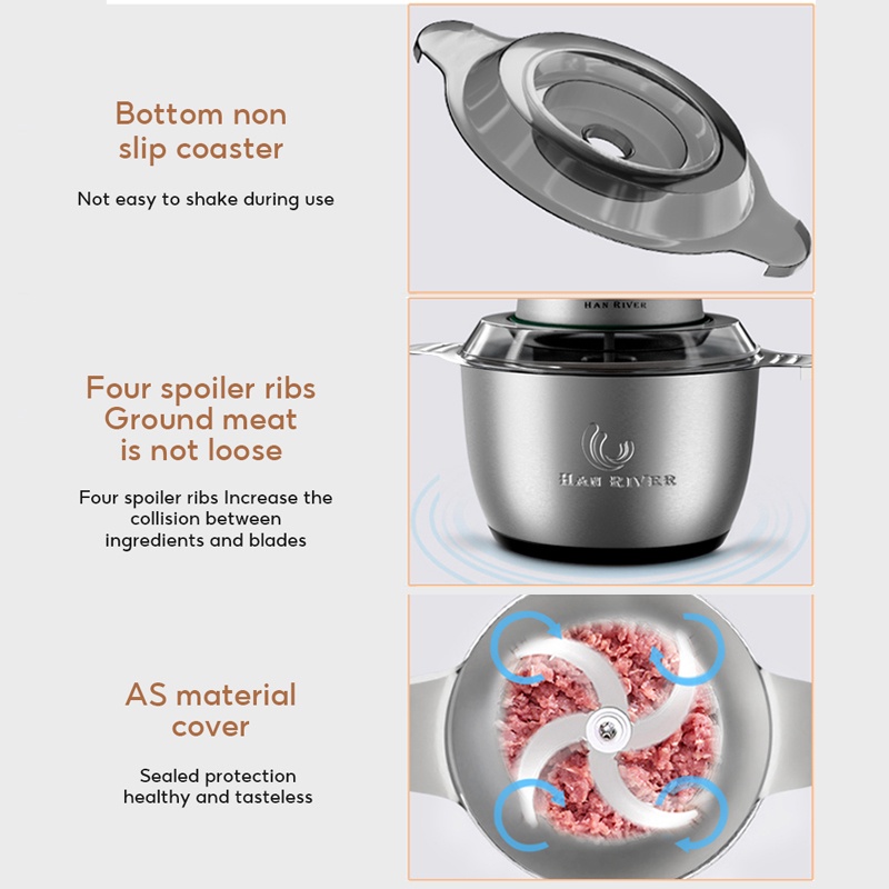 HAN RIVER 2L Electric Meat Grinder Stainless Steel Chopper and