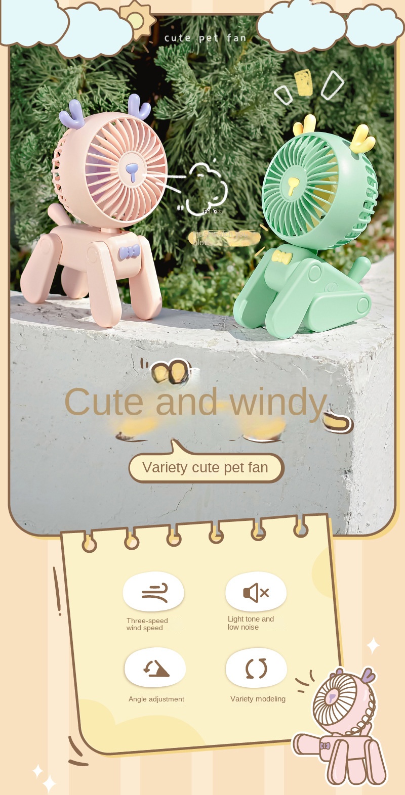 Desktop Decoration Fans Cute Pet Dog Rechargeable Usb Small Electric ...