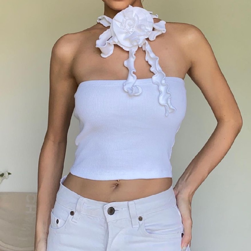 MsMona Women's Fashion Solid Color Halter Flower Off Shoulder Sexy Tube ...
