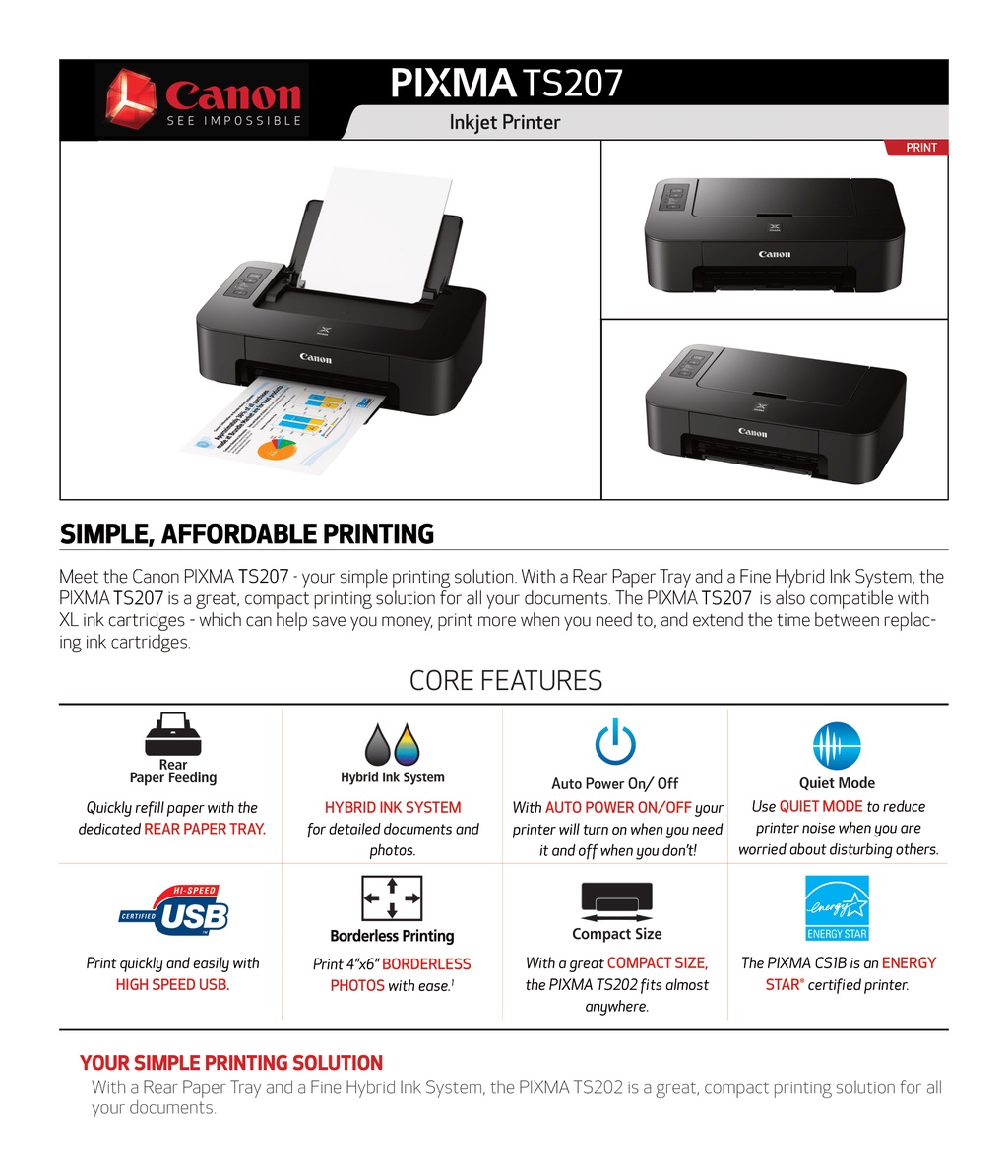 Canon PIXMA TS207 Inkjet Printer w/4800DPI High Resolution, 8ipm Print ...