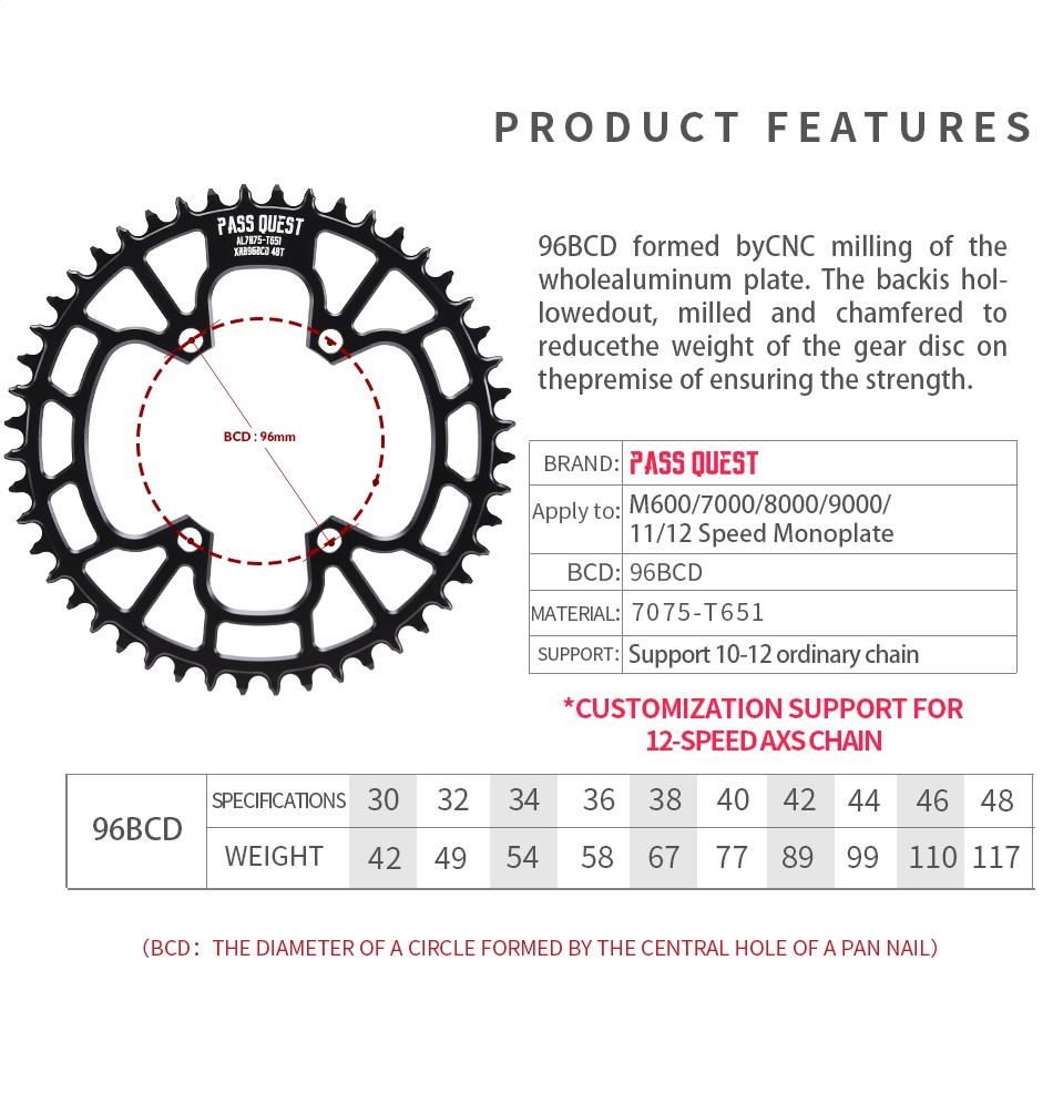 PASS QUEST 96bcd chainring asymmetrical MTB Narrow Wide Chain ring 30T ...