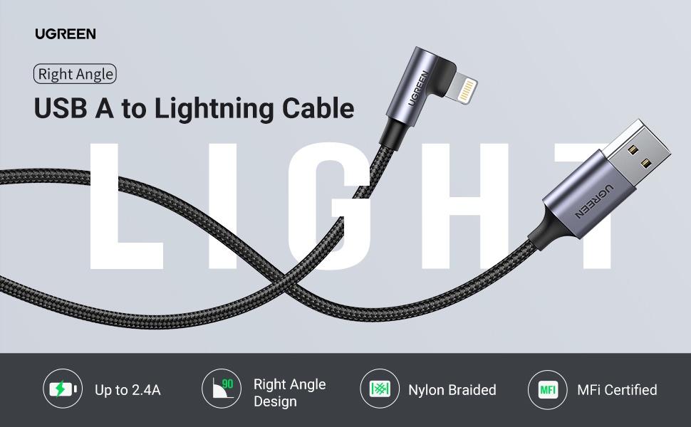 UGREEN MFi Certification Lightning Cable, Right Angle 3FT