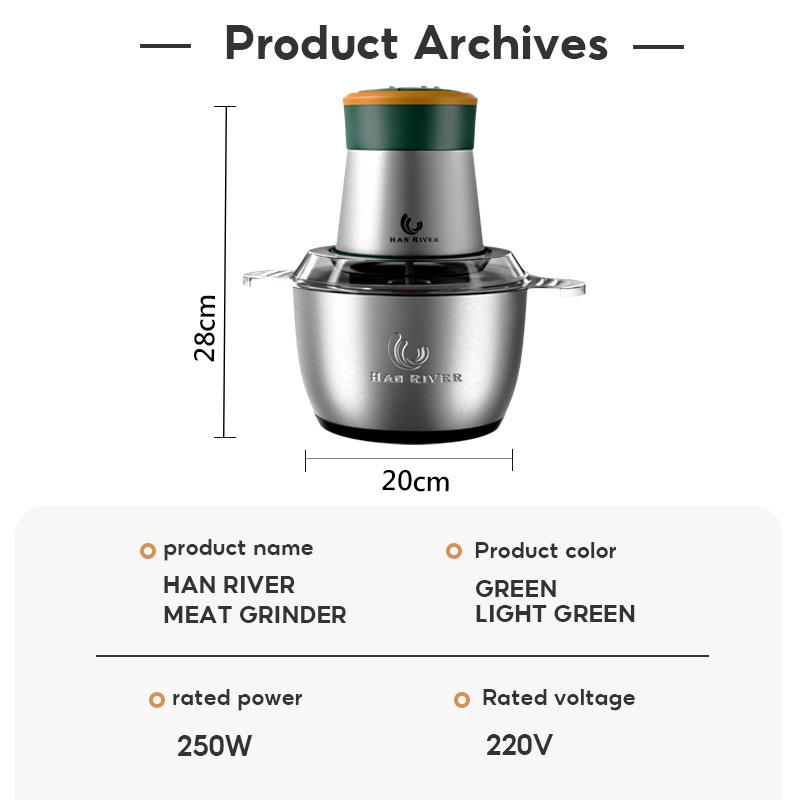 HAN RIVER 2L Electric Meat Grinder Stainless Steel Chopper and