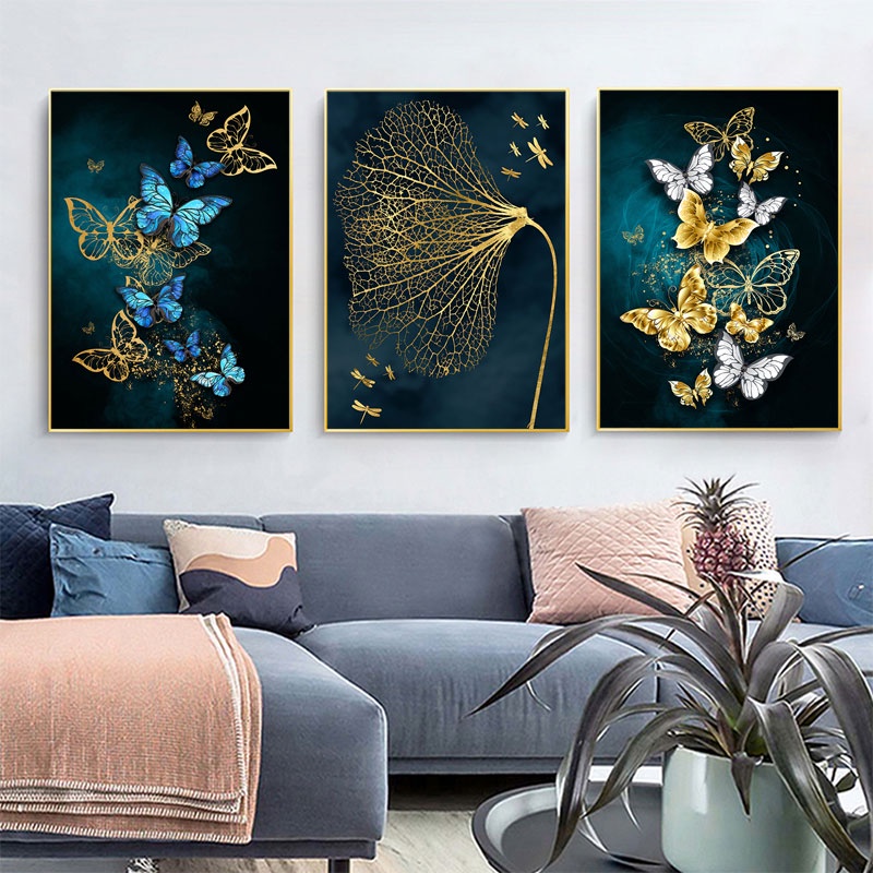 Nordic Golden Blue Abstract Flower Wall Art Butterfly Canvas Painting ...