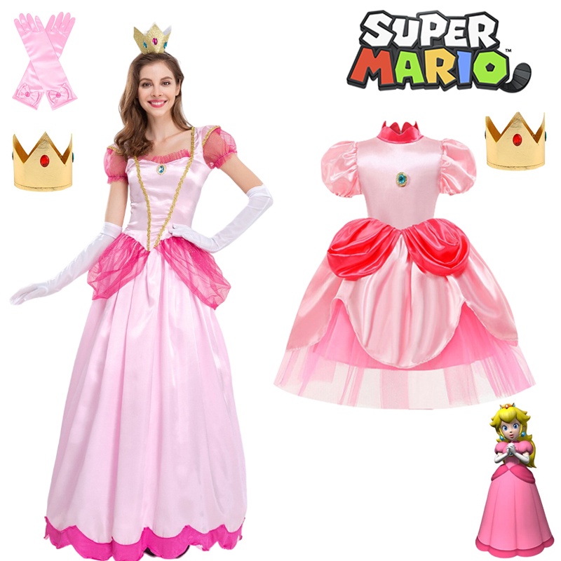 Super Mario Bros Princess Peach Dress Kids Adults Cosplay Costume ...