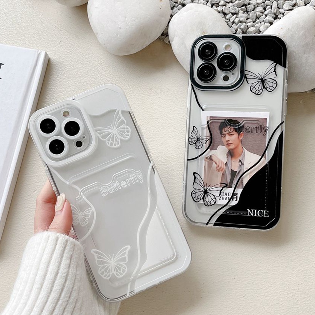 Casing for iPhone 11 13 14 Pro Max Fancy Lace Black White Butterfly