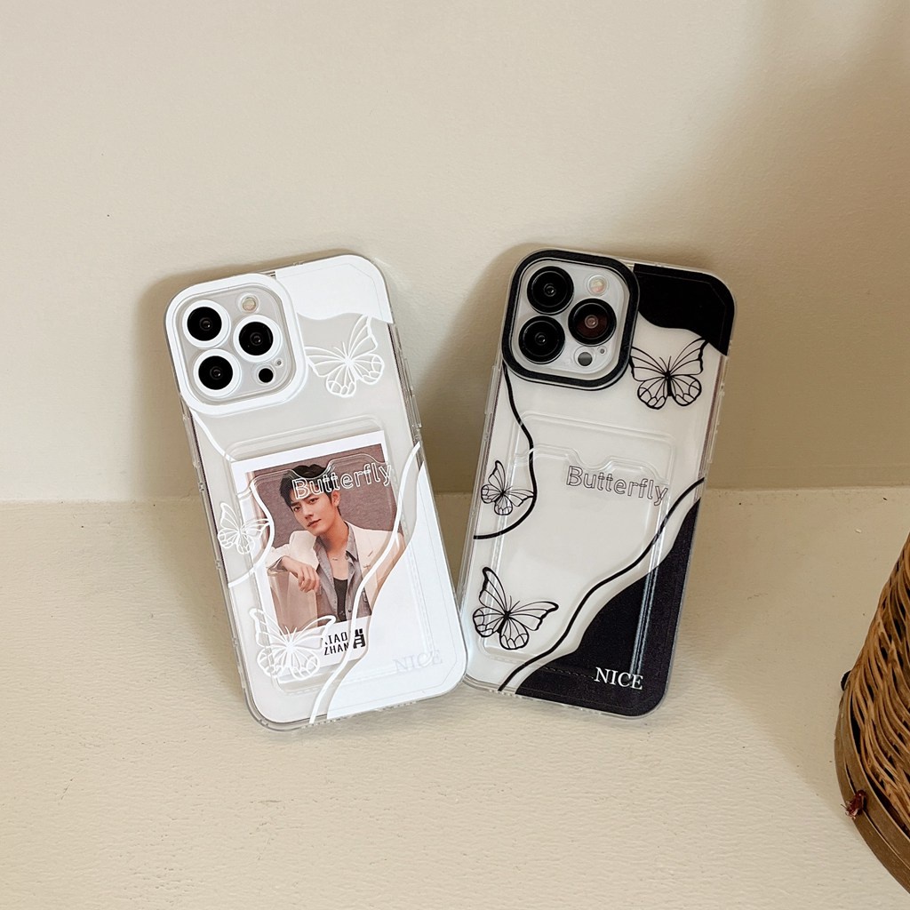 Casing for iPhone 11 13 14 Pro Max Fancy Lace Black White Butterfly