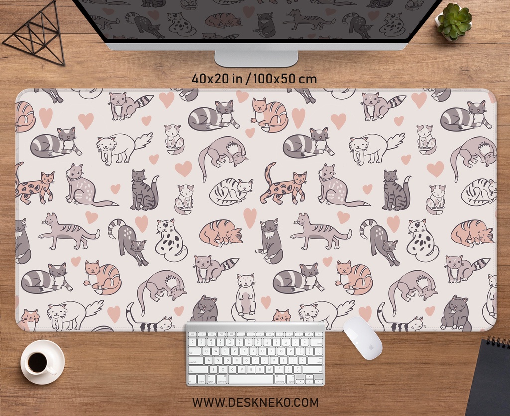 Cute cats desk mat minimal mousepad, Beige white mouse pad, gaming
